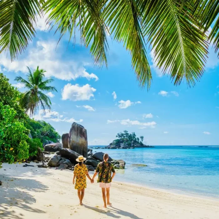 couple man and woman on vacation Seychelles Mahe Seychelles